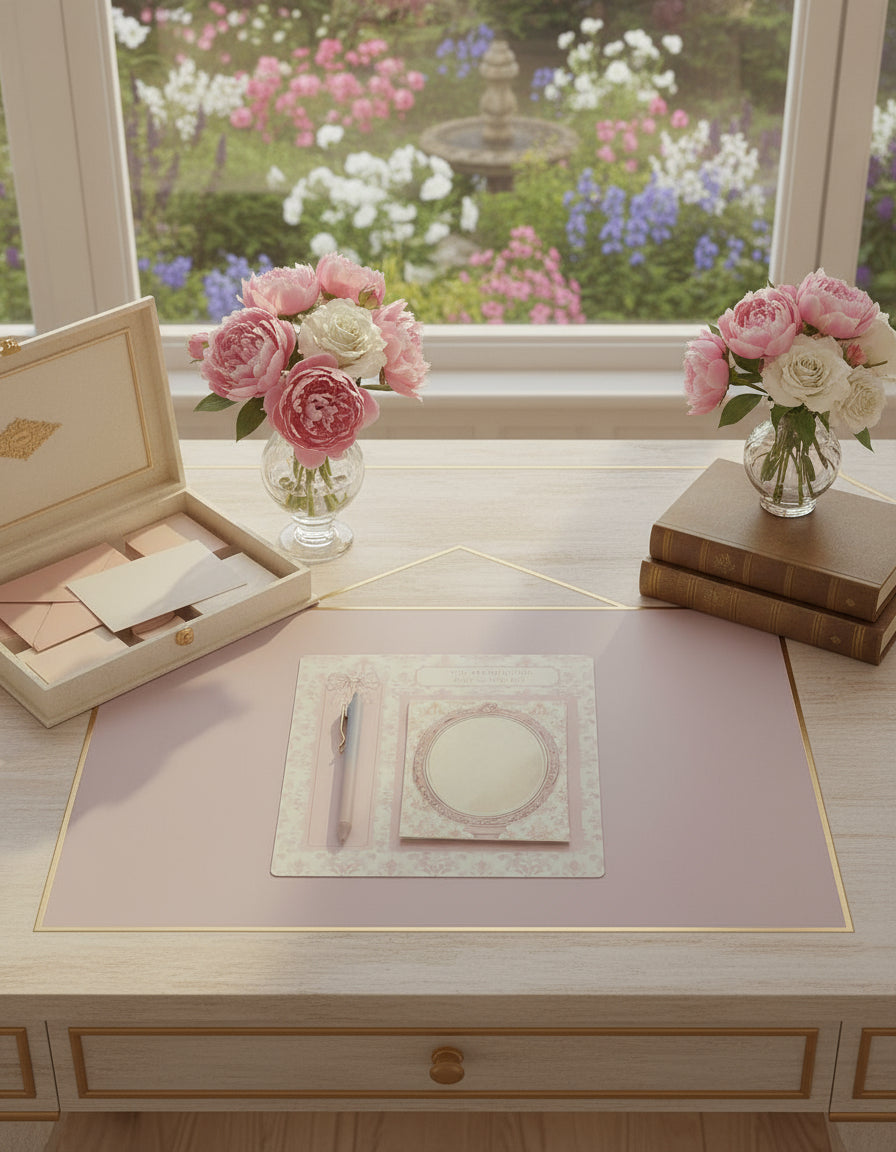 Decorative stationery set with a pen and mirror design on a pink floral background