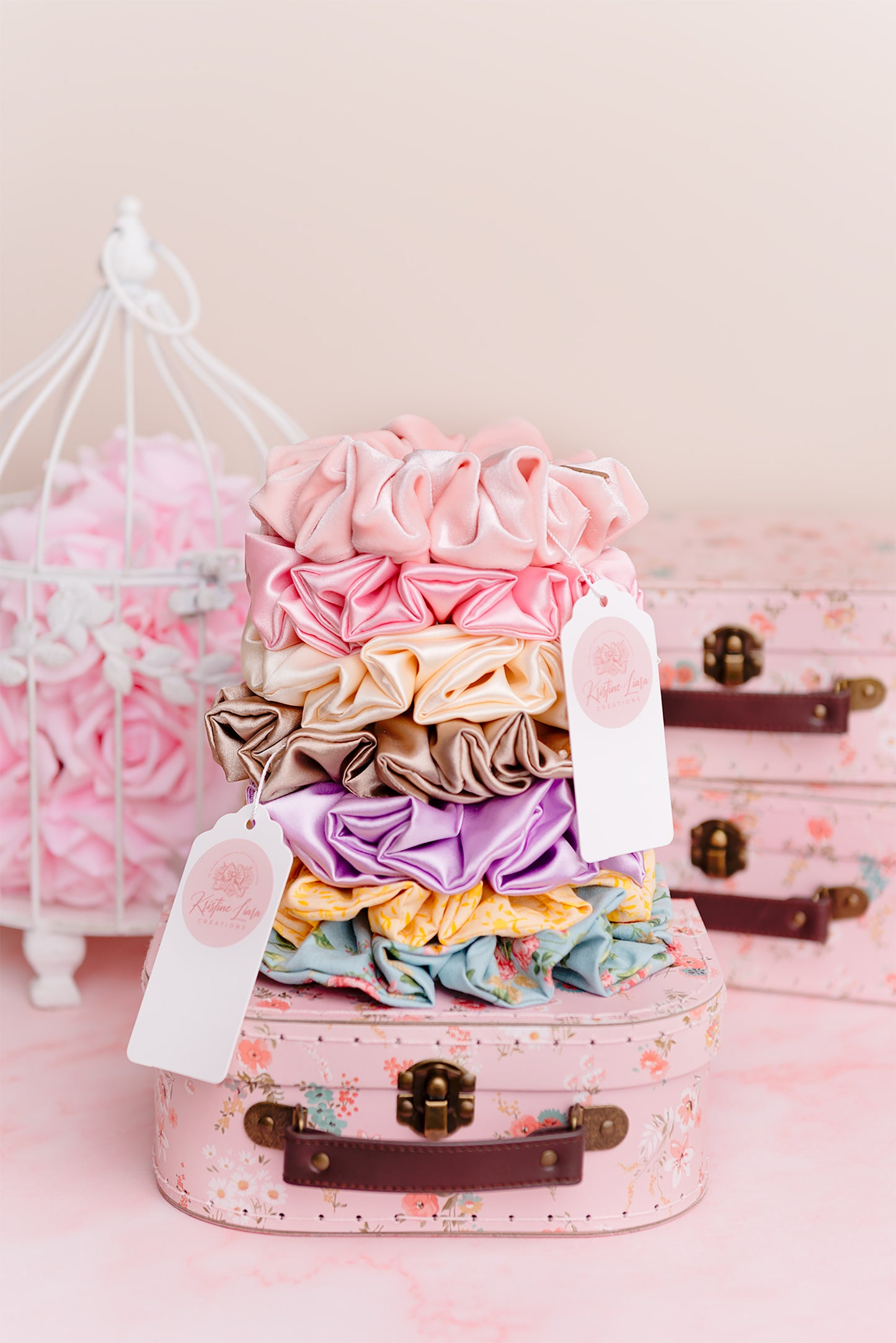 Krystal Stretch Charmeuse Satin Scrunchie in Deep Champagne