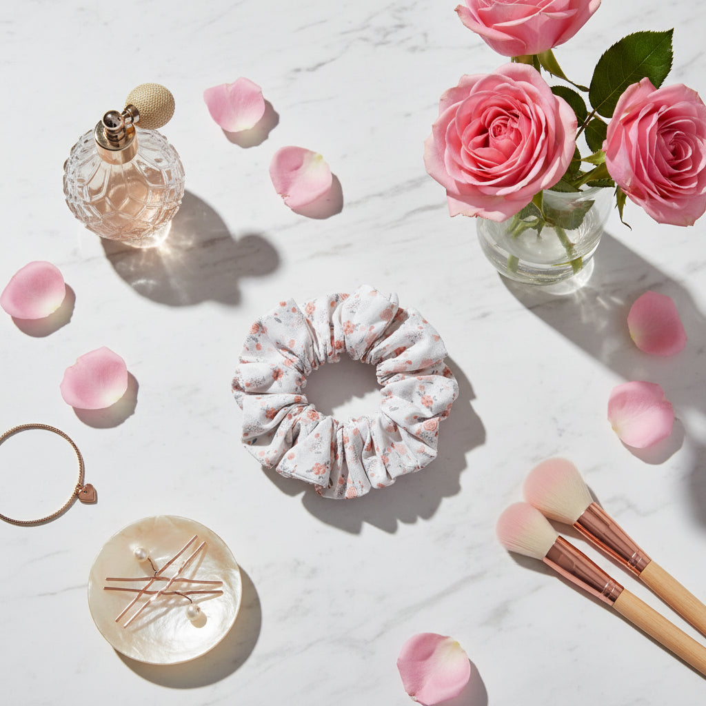 Rose Cotton Scrunchie in Pale Red Florals