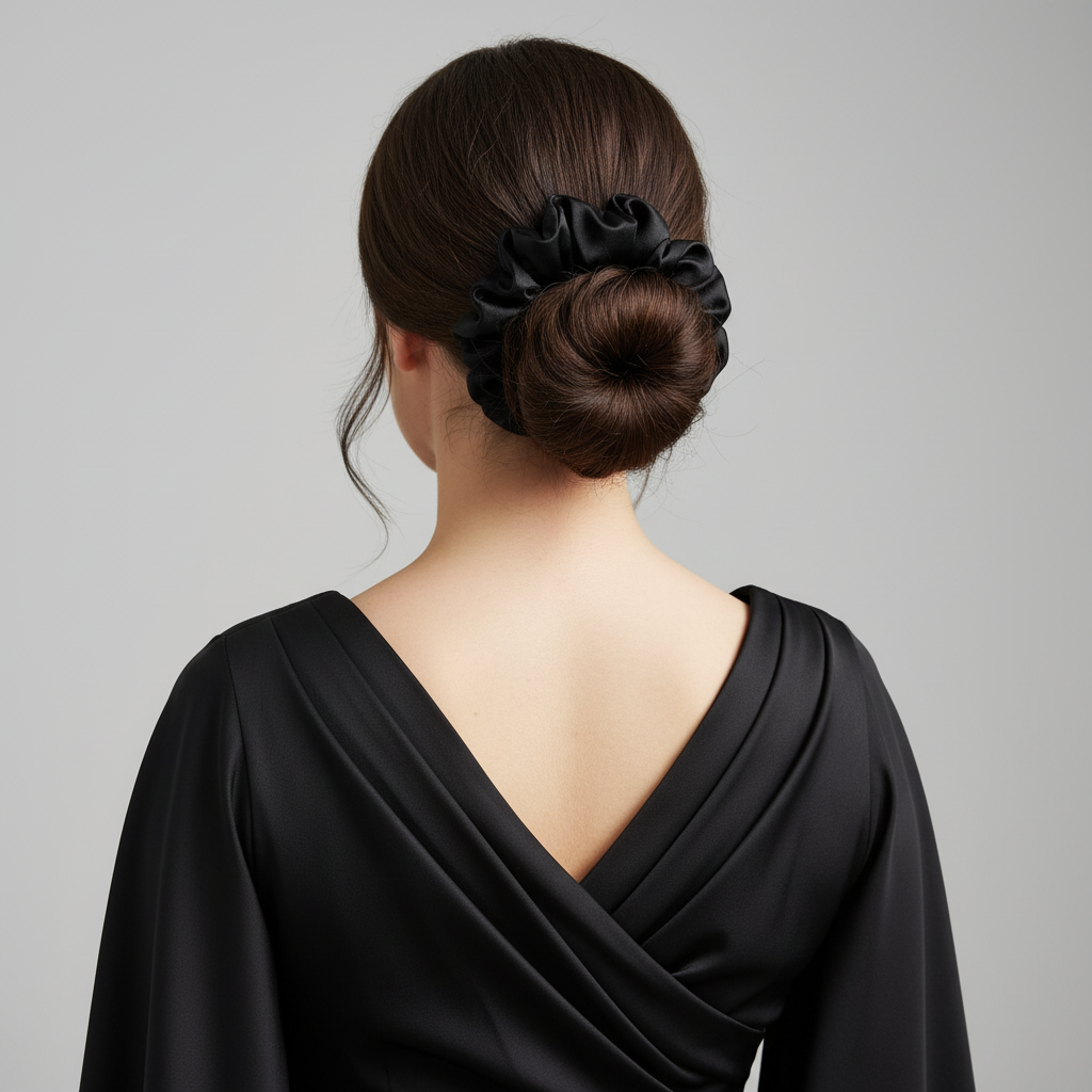 Kathy Stretch Charmeuse Satin Scrunchie in Black