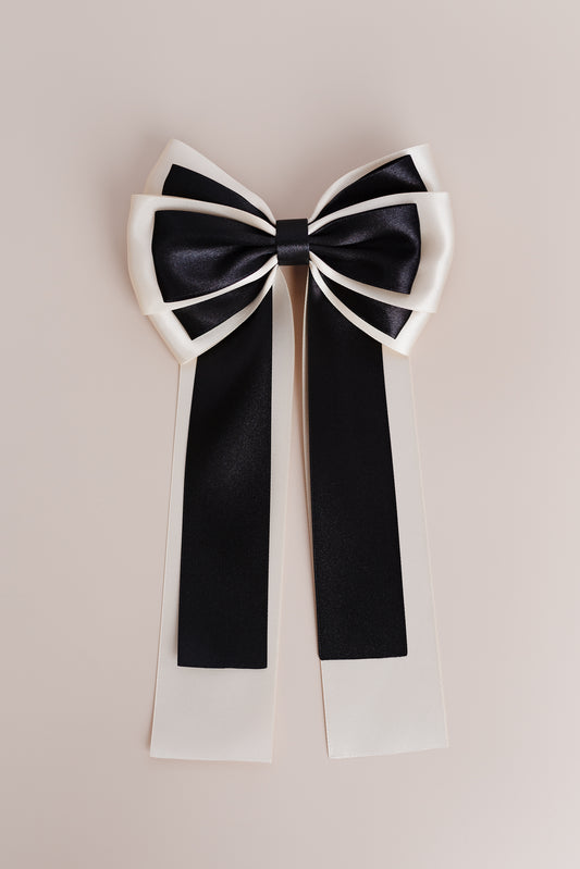 Fhina Two-Toned Barrette Bow in Black and Ivory Satin