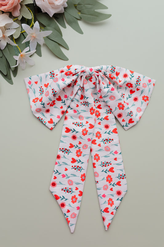 Flora Cotton Fabric Hair Bow Barrette in Red Hearts and Flowers