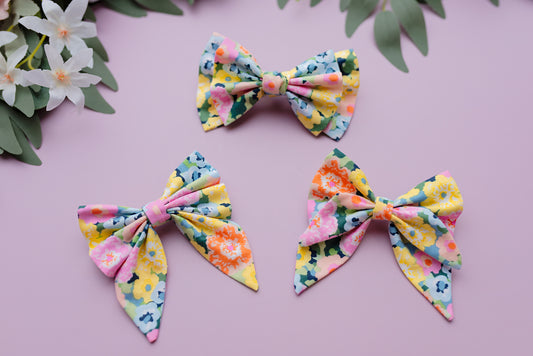 Butterfly Cotton Fabric Hairbow Barrette in Summer Florals - Trio